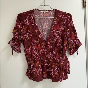 Madewell Red and Pink Flutter Sleeve Wrap Blouse